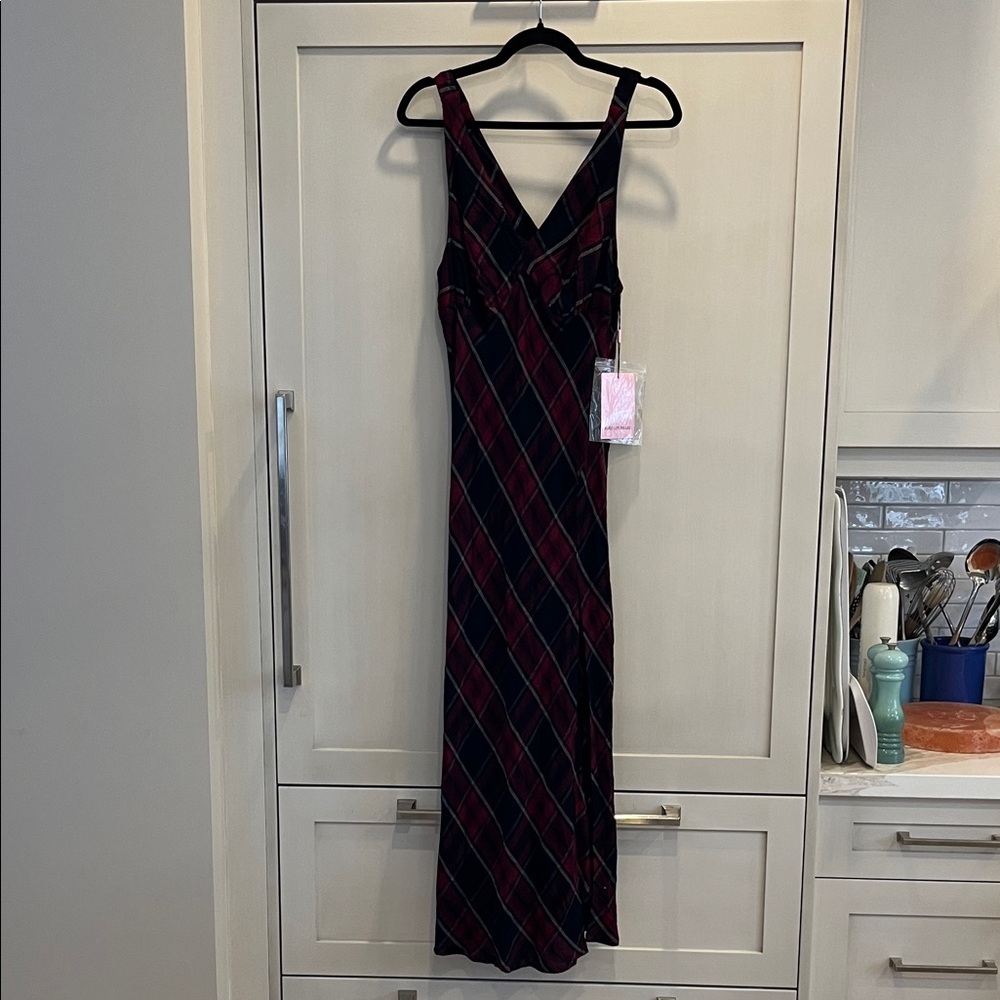 Avec Les Filles Anthropologie Black and Red Plaid bias cut V neck Maxi Dress